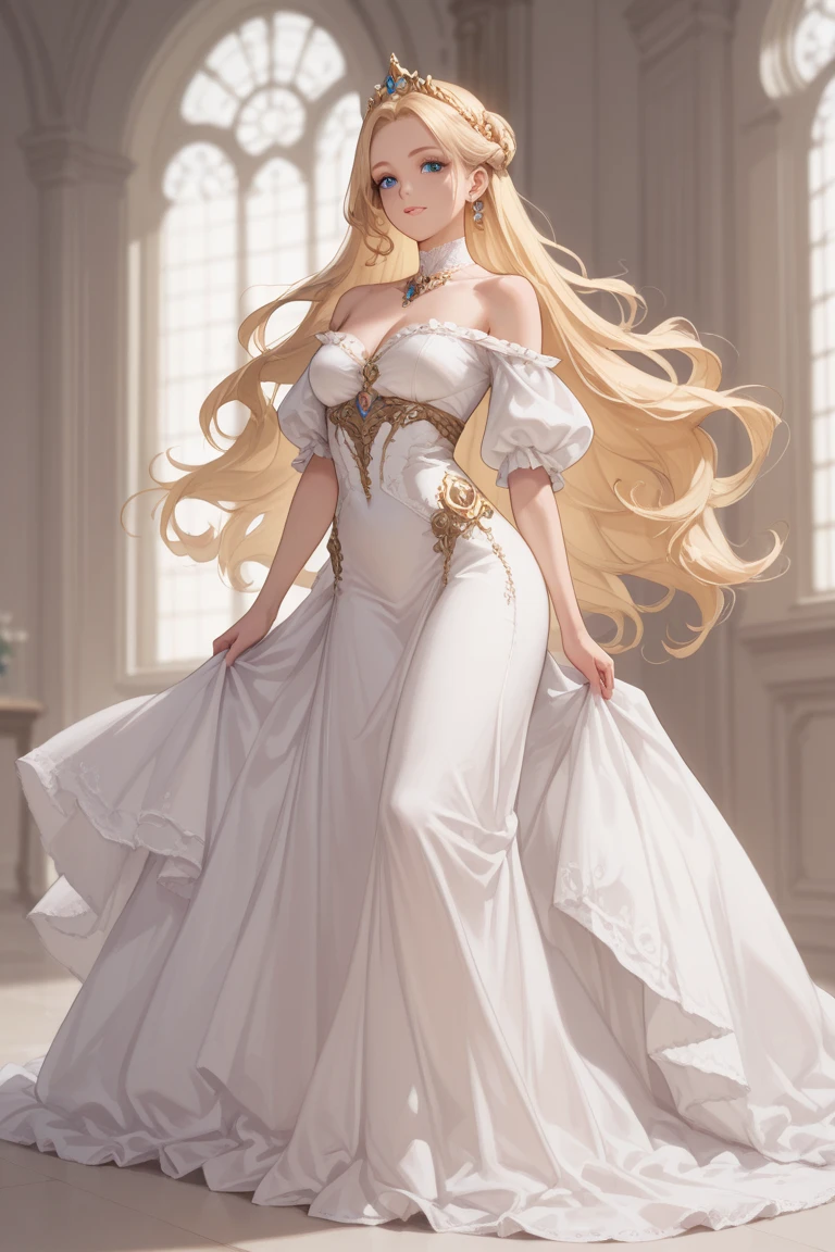 (Highest quality,Super detailed,High resolution,masterpiece,8K),Bright and vibrant colors,Official artwork,Stylish makeup,Long blonde hair fluttering in the wind,Captivating eyes,Glossy Lips,Off the shoulder、Cute girl with ample breasts,Beautiful neck line, Holding,Captivating smile,A solemn atmosphere,Full Body Shot,