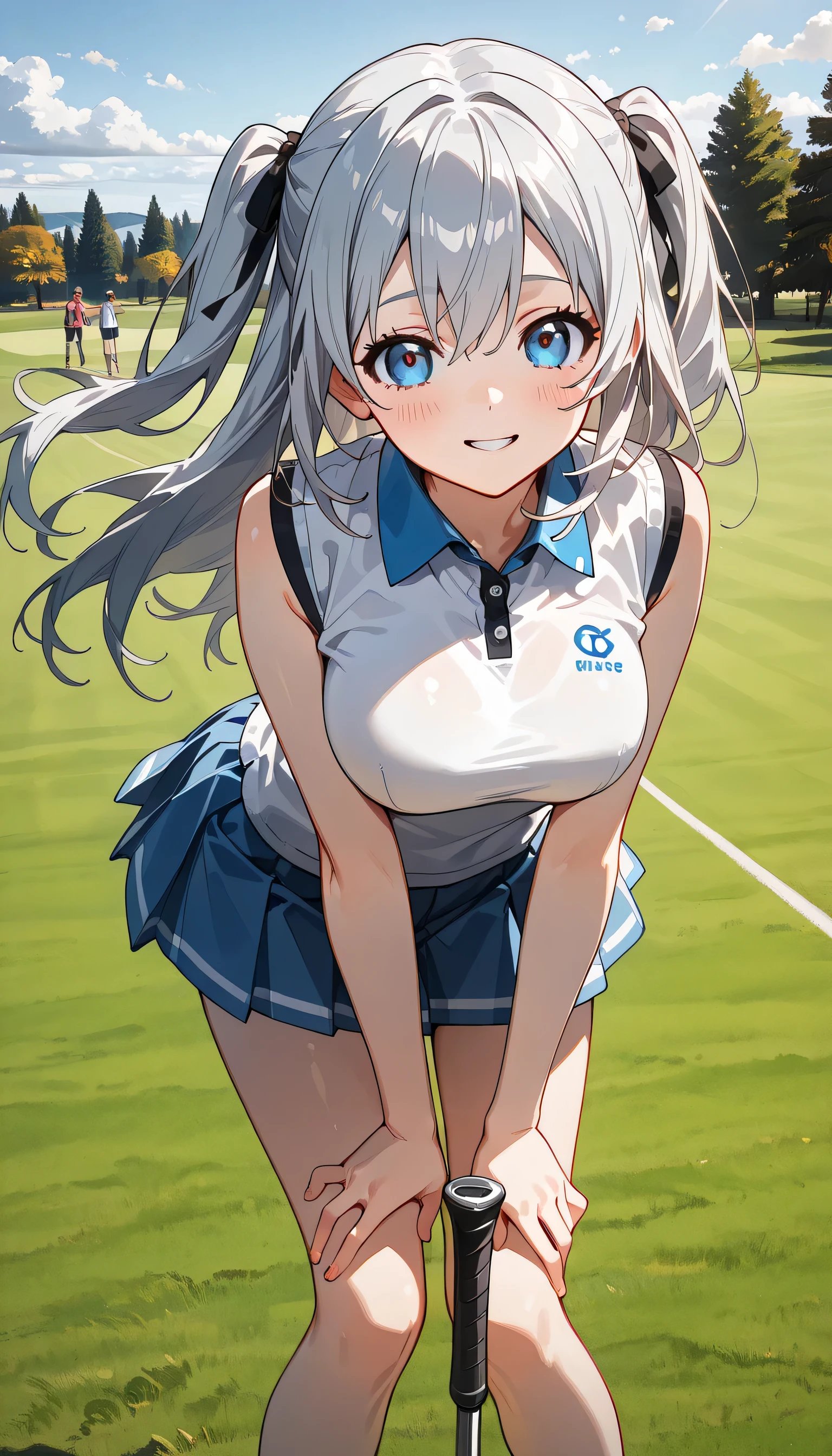 ((ultra-detailed)), (highly detailed CG illustration), (best quality:1.2), ultra-highly detailed, colorful composition, artistic photoshoot, 1girl, solo focus, thigh to top:1.4, cowboy shot:1.4, moe anime character, girl, dainty facial structure, baby face, round face, rounded chin:1.2, ideal ratio body proportions, blue eyes:1.2, sparkle eyes, sagging eyes, silver hair color, two side up, hair ribbon with blue, fluttering hair, ample breasts, playing golf:1.3, holding golf club:1.3, golf course:1.3, bent over, leaning forward, olympic rings, visor cap, polo shirt, sleeveless, skirt, ass, floating hair, big , open mouth, shy, blush, frown, flare, close-up, scoreboard, outdoors, white tennis panties with frill, the wind lifts skirt:1.4, smile, blush:1.4, breathing:1.2, from front,looking viewrer, dynamic pose, contrapposto pose, best quality, expecting, pink cheek, blush, light pink gloss slip, portrait, depth of field, beautiful sky, sunlight, backlight, backlighting, (shine), lighting, caustics, ray tracing, perfect face, lustrous skin, highly detailed face, highly detailed eyes, perfect face, perfect nose, perfect hair, perfect eyes, perfect anatomy, beautiful hair, beautiful small face, extremely detailed face, beautiful detailed eyes, beautiful clavicle, beautiful body, beautiful ample breasts, leavage, breasts squeezed together, equalize the size of the left and right breasts, beautiful thin thighs, beautiful legs, beautiful fingers, (4 fingers), 1 thumb, lovely, (very detailed background:1.0), (highly detailed background:1.0), spring aesthetic, intricate details, outdoor atmosphere, spring colors palette, chromatic aberration