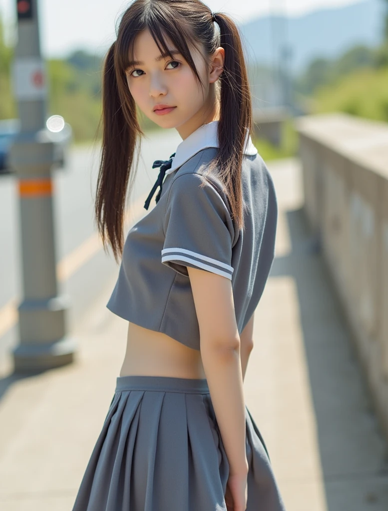(((Flat Chest))),No makeup,High resolution,Professional photos,High resolution,Photograph the whole body、I'm wearing shoes、Shoot from a distance to capture the whole body:1.2 Japan、Detailed face、Elementary school girl、Baby Face、、Innocent face、Young Face、Baby-like face:0.3、Childish、Innocent look、Teenage Girls、cute、13 years old,Perfect figure,sunset,Short Twin Tails,School summer clothes,pantyhose,Ribbon tie,blouse, SHE IS STANDING, SHE IS SHOWING HER ASS, PANTIES VISIBLE, FOCUS SIDE VIEW.