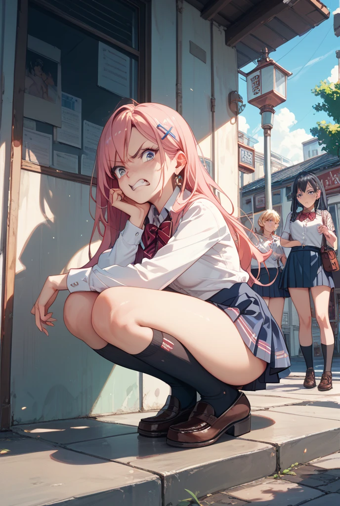 (Master Parts), Short hair, 1girl in, fluffy hair, Curly hair, siblings, Tsundere, Short Threes, high-school uniform, hi-school girl,back turned,Show me your ass, And wet panties,tie, embarrassed, red blush, trembling mouth, (boos), from behind, A pink-haired, look at viewr, Outside, rucksack, Panties, Sexy, Watercolor style