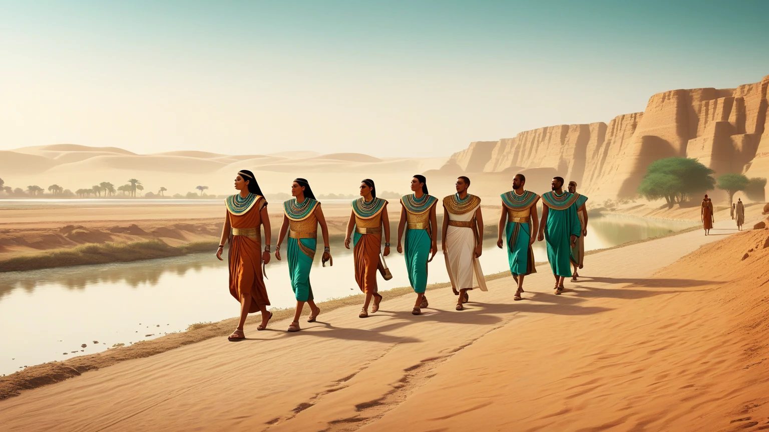 Ancient Egyptian city with 4 guards facing forward two female two male black