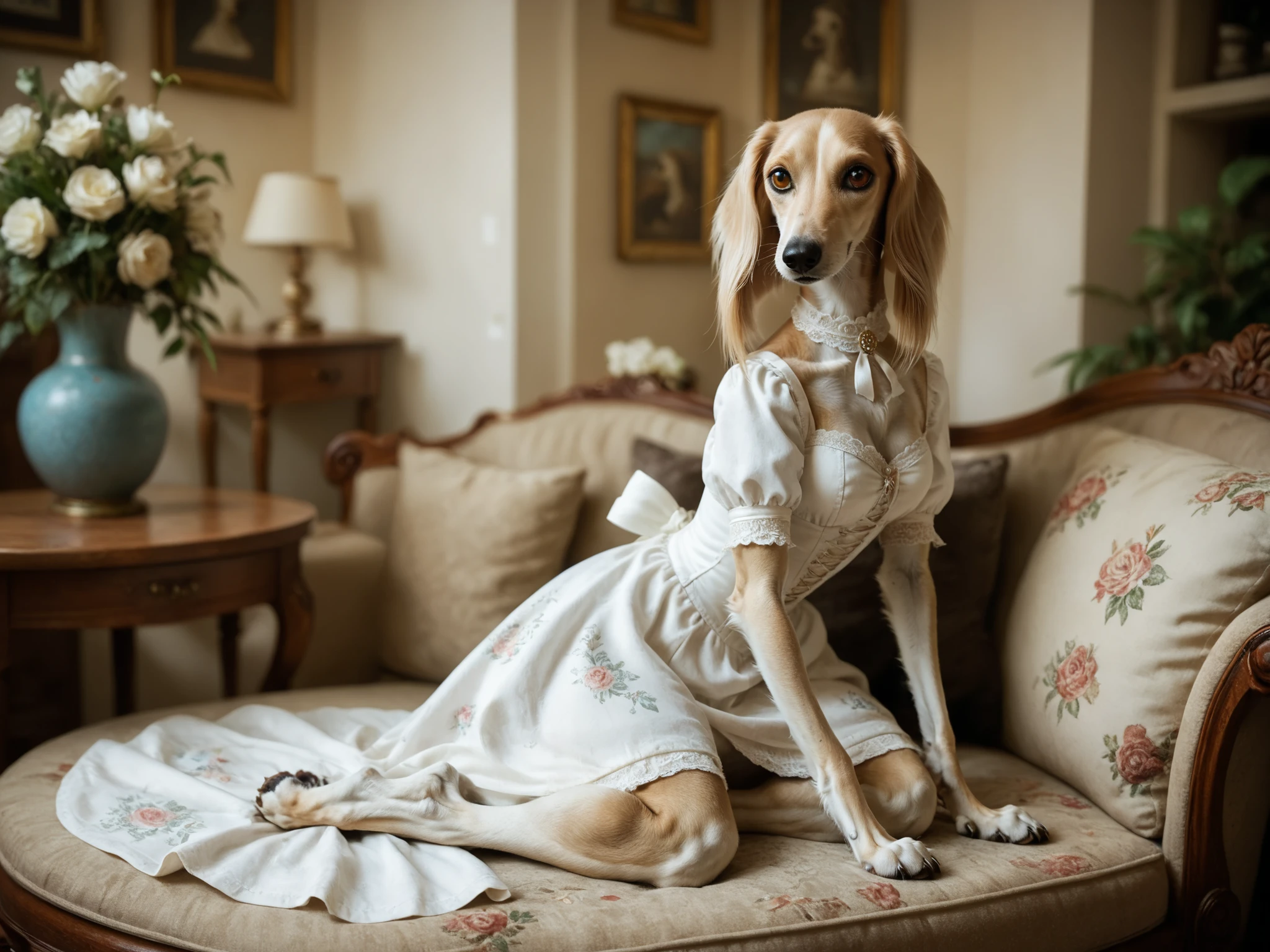 girl sitting in a blue recliner in a white dress stained red, around her are ten saluki sighthounds. Set against a Victorian backdrop that is covered in decaying floral wallpaper. beautiful eyes, golden eyes, salukis, greyhound, borzoi, sighthound, paws
