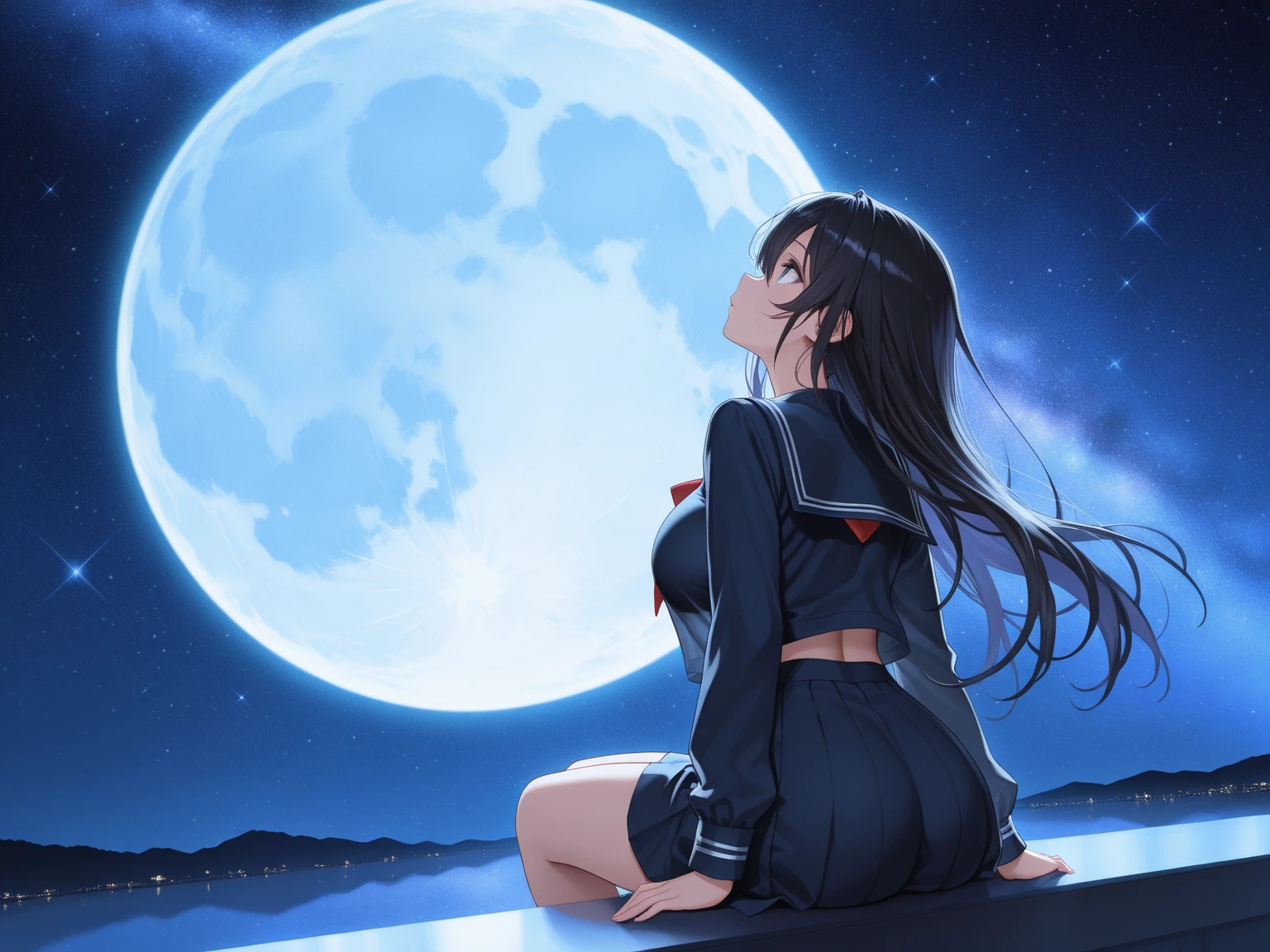 (low angle,from below),((masterpiece, highest resolution,best quality)), (beautiful illustration), ((semi long beautiful black hair,blunt bangs,pony tail,beautiful eyes)),(solo),(Japanese high ,sailor,mini skirt),(looking at the viewer), (walking on the moon),(crater,night sky,moon surface,space craft,green earth),(innocent cute smile), (cinematic lighting),