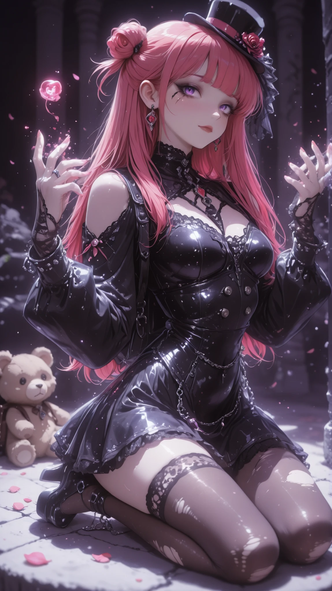 Masterpiece, detailed image, perfect human anatomy, perfect face, beautiful woman (beautiful curves), with long red hair with pink tips and bright purple eyes (eyes rich in detail), (detailed eyes) with pink and orange ombré hair, she wears a black faux leather corset with dark lace details and crisscrossed burgundy satin ribbons, tightly fitted to the body. Over it, a short dark purple velvet bolero with puffed sleeves and long cuffs, fastened with silver cross-shaped buttons. The shoulders are accentuated with layered chains and black lace falling like gothic epaulettes, On the lower half, she wears an asymmetrical layered skirt made of black tulle and lace, with rips and jagged edges that resemble the wilted petals of dead roses. Thin chains and safety pins decorate the hem. Underneath, torn fishnet stockings are layered over matte vinyl tights, creating a striking contrast of textures. On her feet, she wears giant platform shoes with leather straps, metal buckles, and spiked details, Her face features dramatic makeup: smoky black eyeshadow blended out to the temples, exaggerated eyeliner extending beneath the eyes like dark tears, and black lipstick with a subtle violet sheen. Her skin is intentionally pale, with almost imperceptible blush, giving her a faintly cadaverous touch, Her hair is long and styled into two contrasting parts: one side straight with blunt bangs, the other styled in black and purple synthetic dreadlocks, tied with skull-shaped hair ties. Her head is adorned with a tilted mini top hat, featuring a lace veil and black feathers, Accessories include chokers with crucifix pendants, long chain earrings, and lace gloves with exposed fingers. On her hands, she wears rings with red gemstones and occult symbols. Her backpack is a black plush teddy bear, with stitched eyes and a sewn-up zipper belly, in the best creepy-kawaii style, the art style is detailed and colorful, with soft dynamic lighting and slightly 3D anime shading, in high resolution.