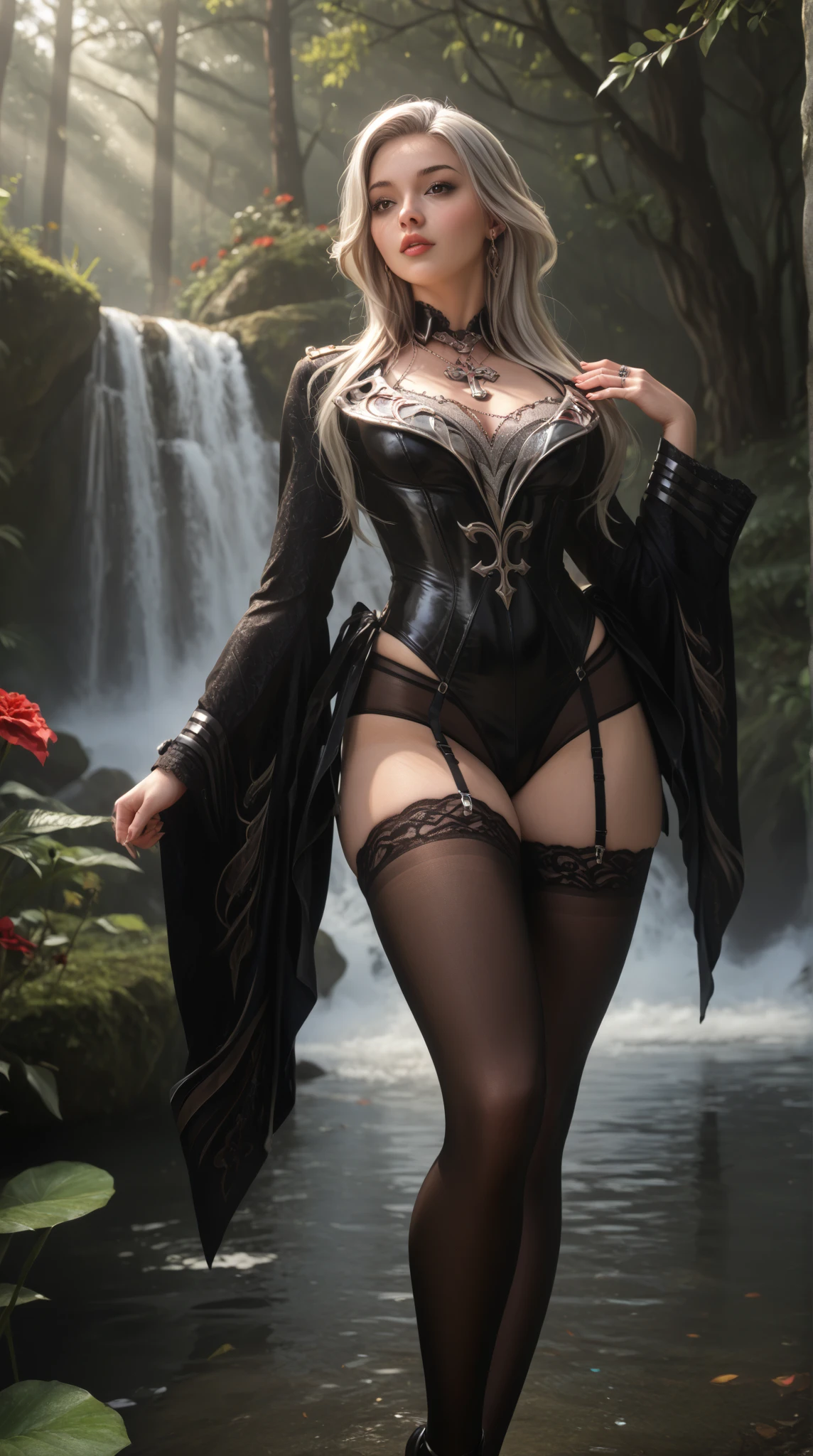 carmilla, medium breasts, dress, dress negro, dress, black dress, by white, beautiful face, blue eyes, (Masterpiece:1.2), Best Quality, absurdities, high resolution, extremely detailed wallpaper, perfect lighting, jungle, jungle, from below, socks, socks, heels, heels altos, Pussy, pussy, NSFW,+18