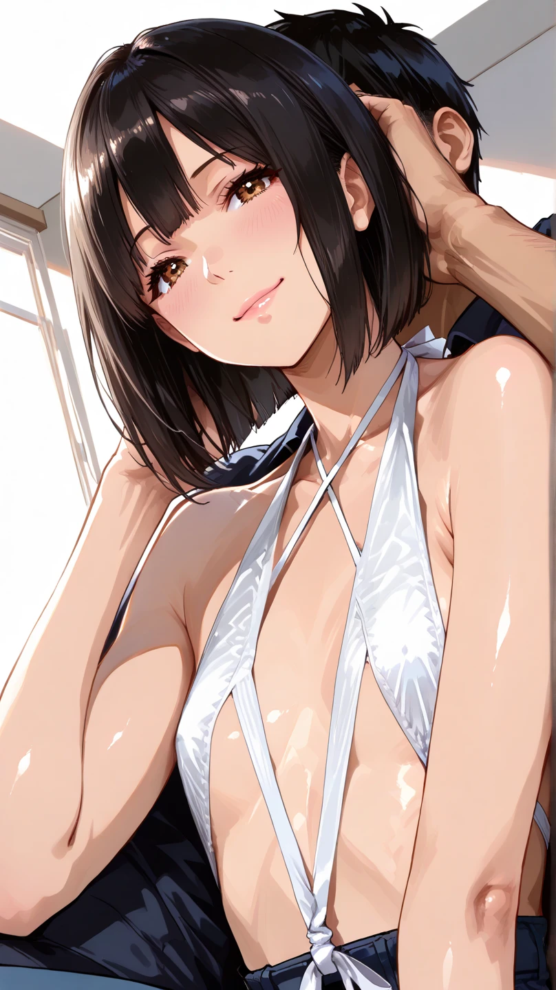 (masterpiece),(best quality),(ultra-detailed),(best illustration),(best shadow),(absurdres),(detailed hotelroom background),(very aesthetic),hiori kazano, ponytail, black hair, black eyes,,metallic verymicrobikini,covered nipple,cum,cumshot,sitting,spread legs