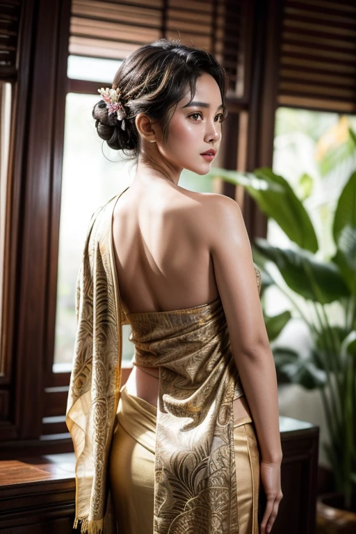 high quality picture, masutepiece, detailed hair texture, Detailed skin texture, Detailed Cloth Texture, 8K, Add fabric details, ultra detailed skin texture, ultra detailed photographic, Skin pores,light smile, full body(bellydancer,veil),half updo,large breasts,light brown hair, from behind,