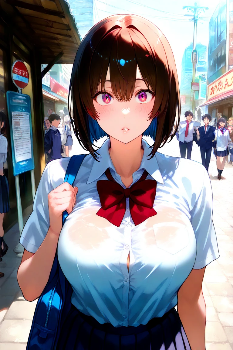 The woman in the suit fastened only one button, Very short and tight skirt, High heels, Very tattooed, Very sweaty, very embarrassed, Flushed cheeks, plump, She has a plump and round belly, bbwchan, Beautiful fat woman, Thick thighs, Thick body , Alluring plus-size models, 18 years old, Big thighs, Extremely plump, insanely inflated hips, whm, Blue eyes, Tie up your black hair, face round, chubby cheeks, gigantic cleavage breasts, giant boobs, droopy bosom, Highly detailed, Full-HD, 8K , Perfect view, Perfect anatomy, Ultra Realistic Photo, posed for photo, NFSW, Walking, tokyo alleyway, full bodyesbian, Walking, Neon lights, Night