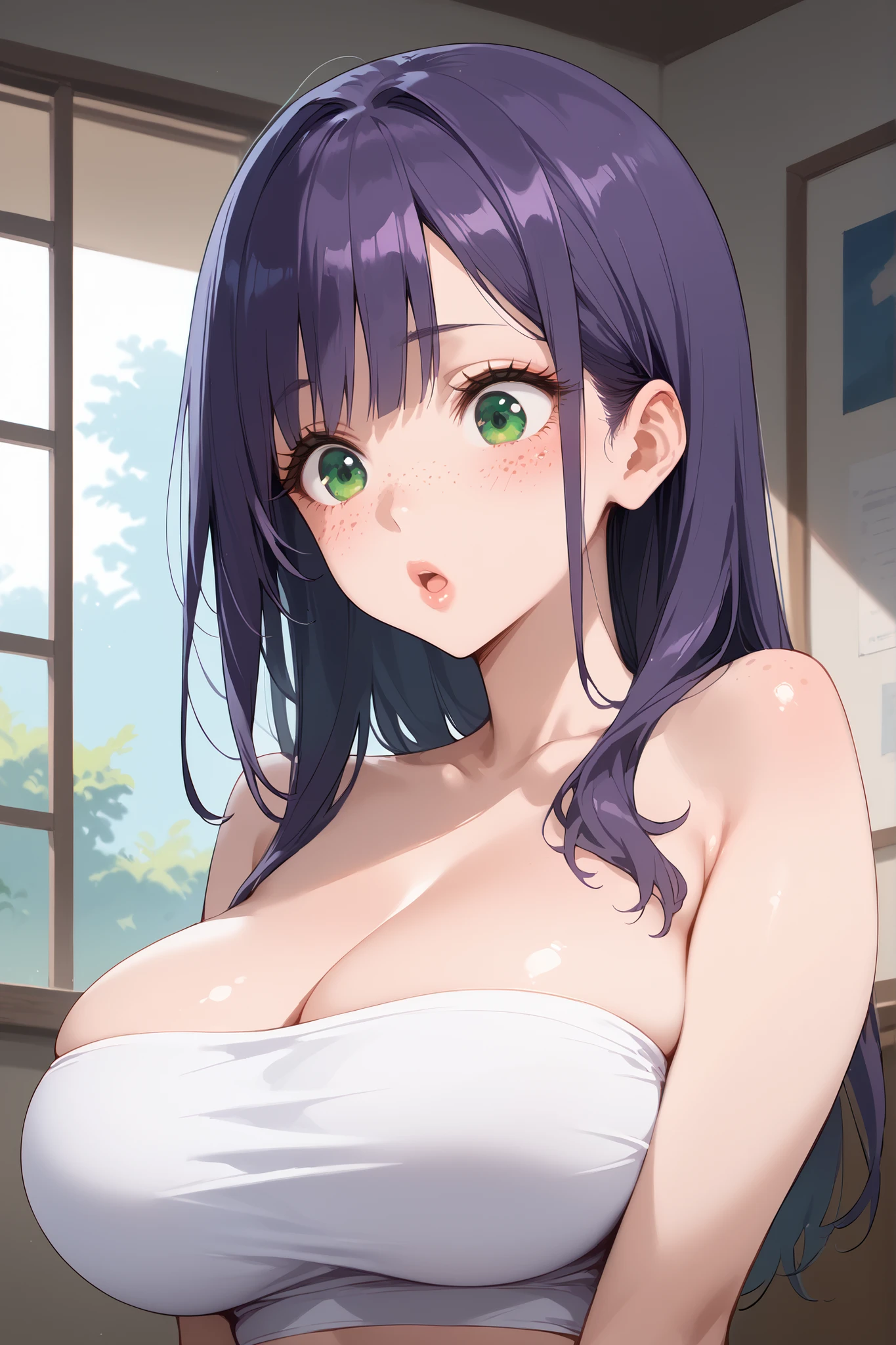 Nude woman with purple hair
