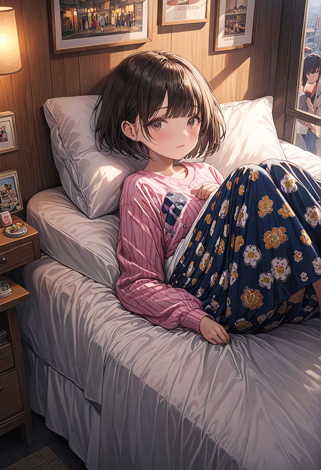 Cute girl in pink pajamas posing on sofa, sleepwear, wearing pajama, wearing white pajamas, Pink clothes, wearing a baggy pajamas, Smooth white fluffy clothes、Good night, pretty face with arms and legs、hmochako, blush stickers, short hair, medium breasts, a smile、