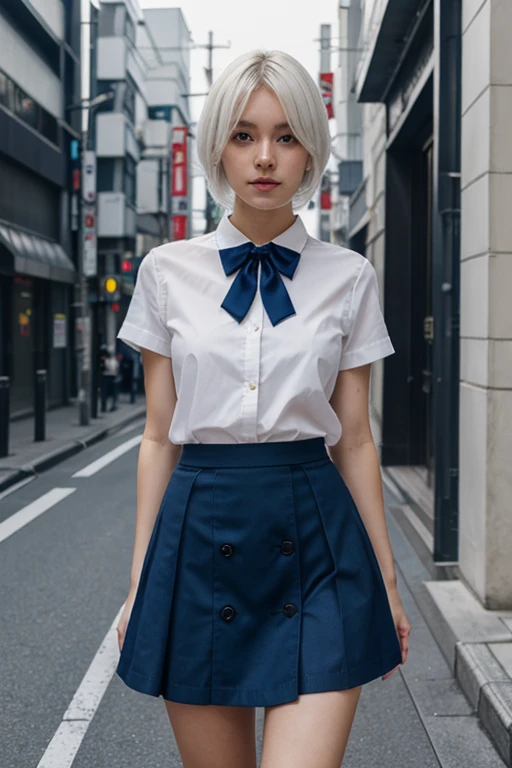 (8k, RAW photo, best quality, mastery:1.3),(realistic,photo-realistic:1.37),(night),(looking viewer:1.331),(white hair),posing,Tokyo street,nightcityscape,cyberpunk city,soft light, 1girl, extremely beautiful face, bust, hands down, casual hairstyle, smile, big eyes, lower abdomen, (white short sleeves, JK_shirt), JK_style, (navy JK_skirt), (bow JK_tie), mix4, big breasts, full body photo, black small leather shoes