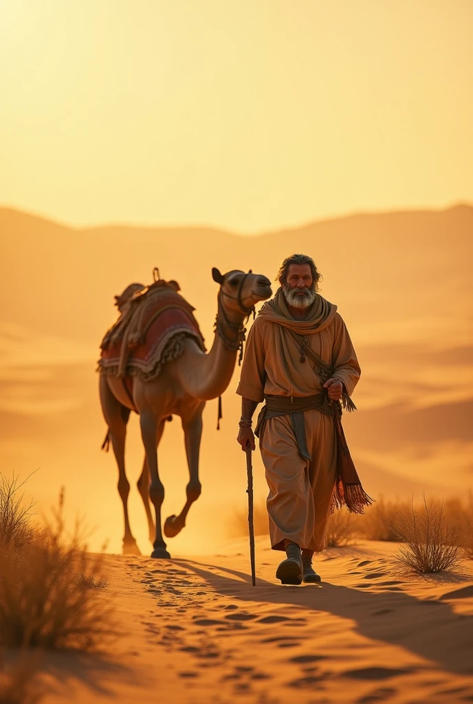 "An elderly religious man wearing a turban from ancient times, walking beside a camel in a vast desert. The warm glow of the setting moon bathes the scene in a sky light, highlighting the spiritual and serene atmosphere thhe scenes captured is from backside."