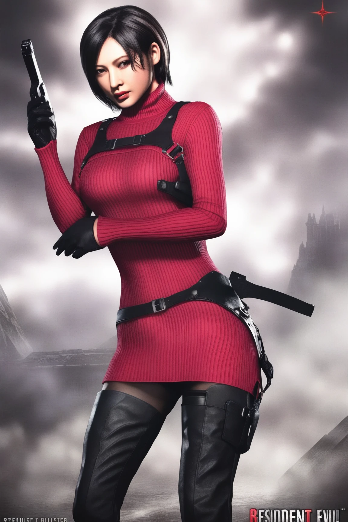 (Best quality at best,4K,8K,A high resolution,tmasterpiece:1.2),ultra - detailed,(actual,realisticlying,Photorealistic:1.37),sportrait,A detailed eye,detailed lips,Red dress,Close-up Shot Shot,girl,guns,Eye-catching lighting,Striking pose,Focus sharp,dramatic shadow,Warhol art style,Dark and mysterious atmosphere,assassins,fatal beauty,2 characters,cosplay costume,Fantasy elements,Hair Fluttering in the Wind,complex character expressions,fierce gaze