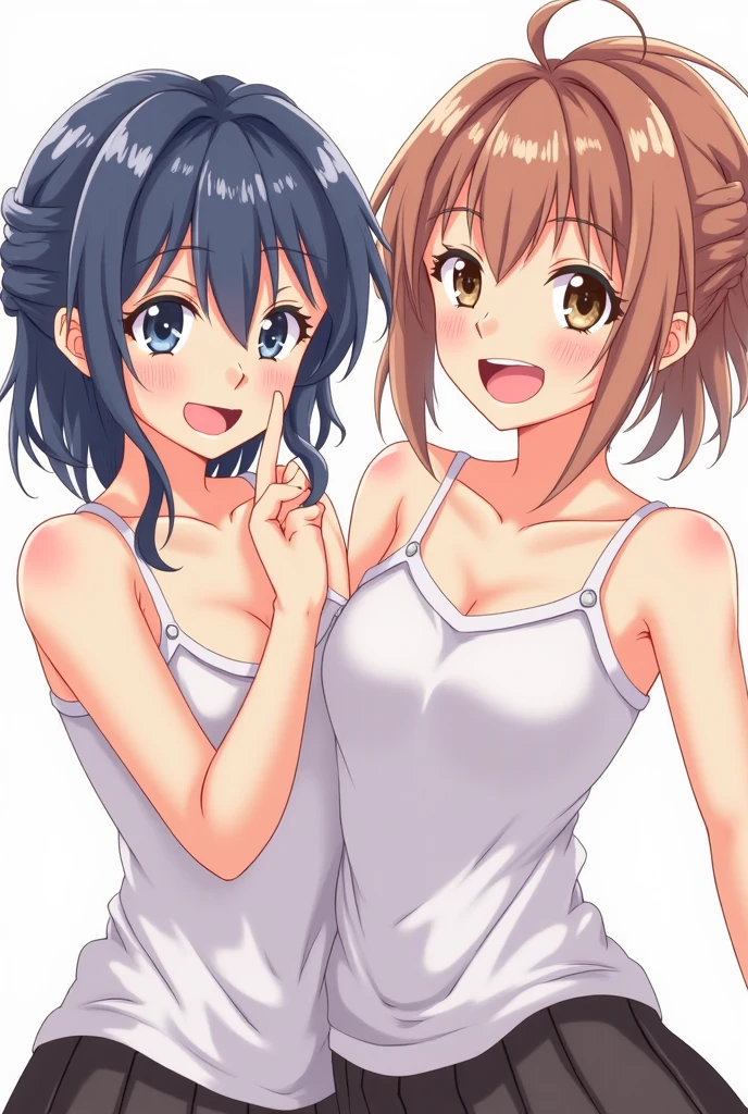 ((2 girls:1.0)), (Yuigahama Yui shapely breasts),(Yukinoshita Yukino),In underwear,white panties,,Ribbon on panties,pink panties,thighs,knees,front,looking at camera,(high angle),open your mouth,smile,Panoramic view of the head,beautiful eyes