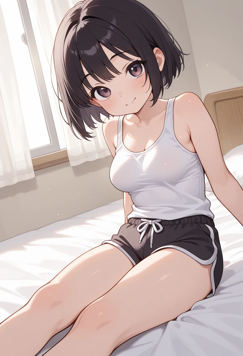 masterpiece、Highest image quality、ultra high resolution、NSFW、big breasted girl、short hair、red face、shyly、mock、Please open your mouth just a little、White tank top that shows the chest for elementary schoolrts for elementary school girls、sitting onliving room
