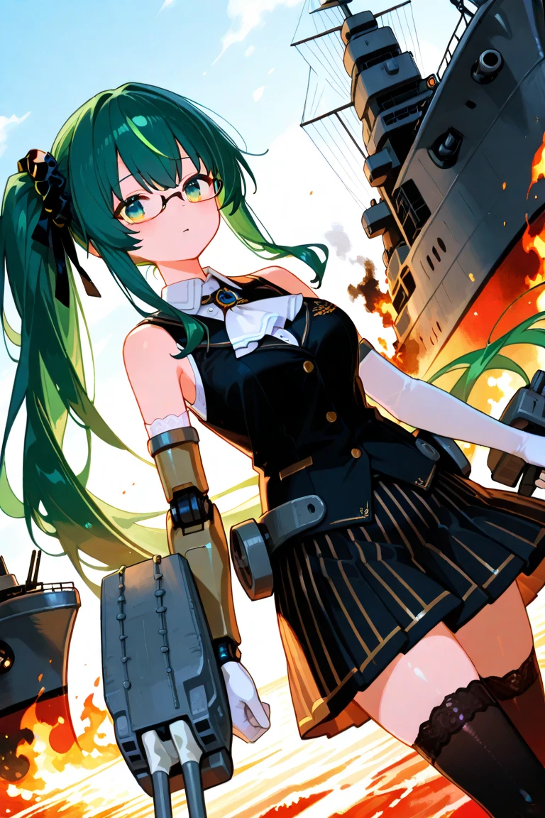 mejor calidad, obra maestra, Hatsune Miku, (uniforme militar), pistolaatyou, pistola, apuntando al espectador, holding pistola, explosion, campo de batalla,  sombrero militar,