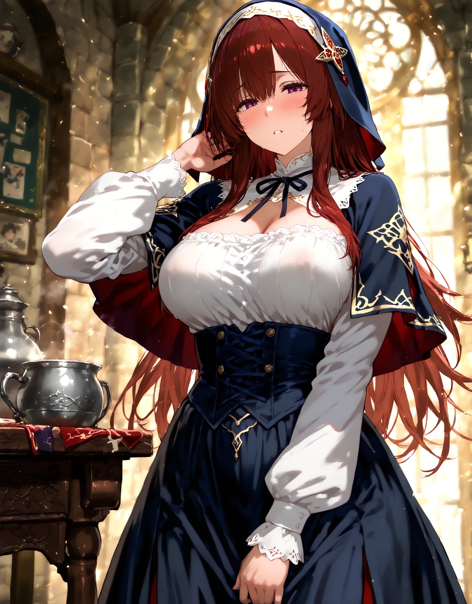 (masterpiece, best quality, hires, high resolution:1.2, 4k, 8k , high quality), extremely detailed, realistic, intricate details, highres, 1girl, solo, red long hair, blue eyes, blush, freckles, (large breasts, thick thighs, wide hips), arched back,(cinematic lighting, sunlight, perfect lighting, backlighting), eye-level shot, extreme close-up-shot, looking at viewer,  
<lora:GhostCostumeV1:0.8> ghost costume, hood