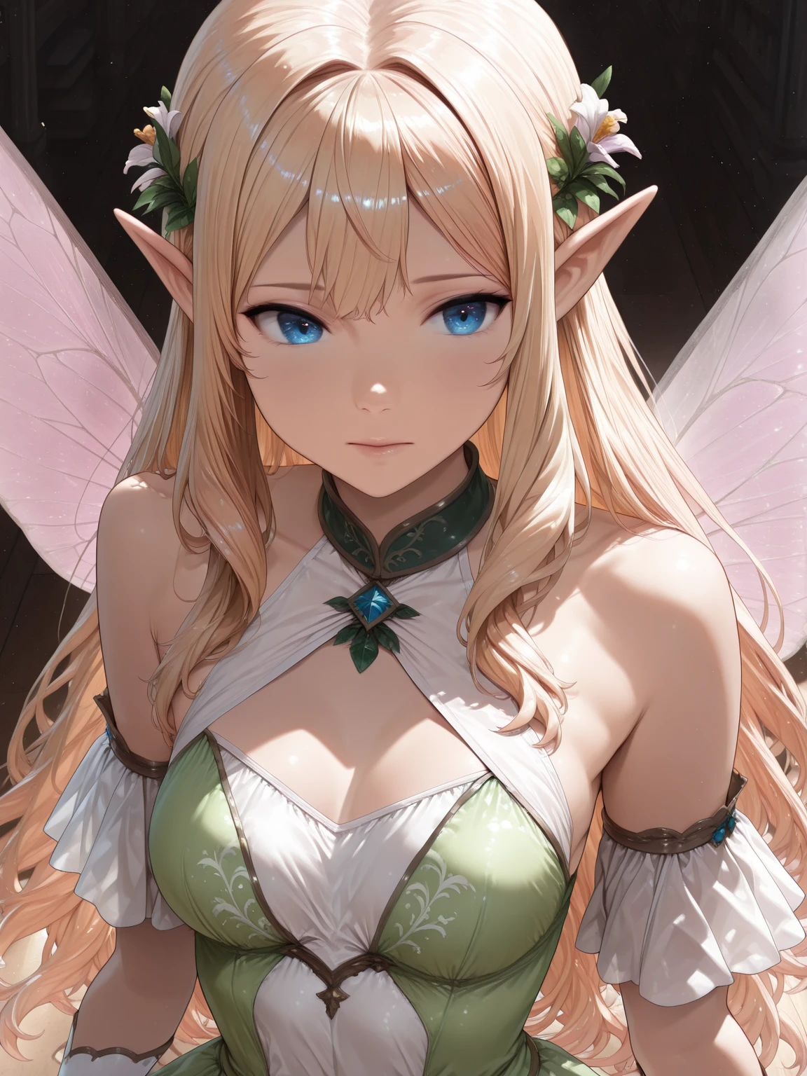 Medieval, Fairy Queen, smirking at viewer, POV, bed, girl on top, view from below, Fairy fountain,