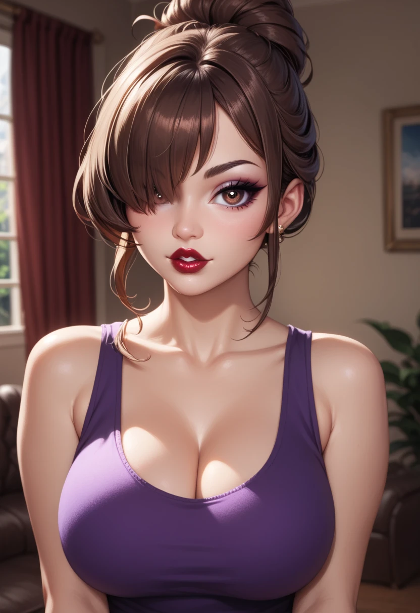 (best quality, highres),portrait,sexy MILF,lone neighbour,beautiful face,detailed eyes,pouted red lips,intense gaze,seductive smile,medium chest,cleavage,bending over,sexy and seductive pose,hot and alluring appearance,colorful background,warm lighting