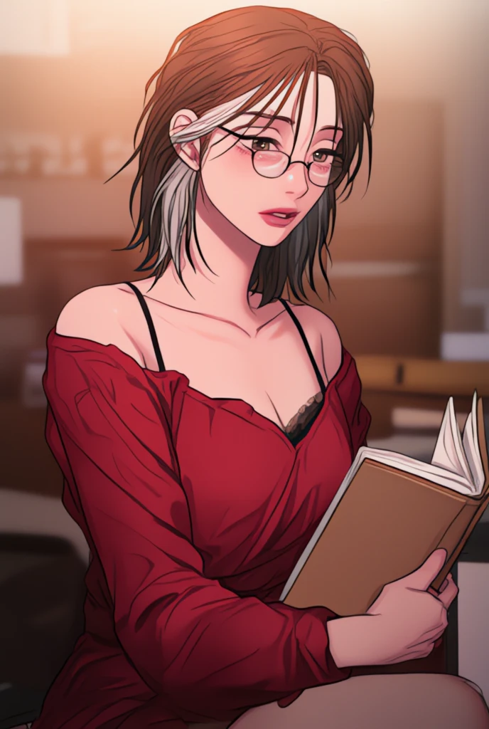 (masterpiece, best quality), 1girl, messy hair, choker, black silk pajamas, see-through, glasses, <lora:add_detail:1>