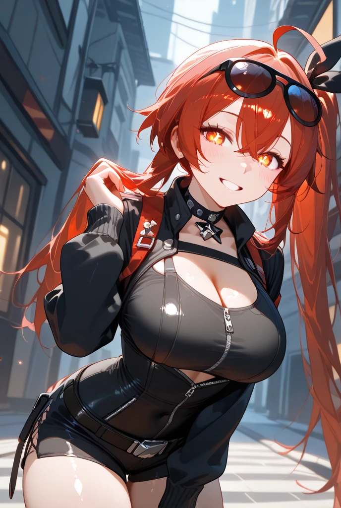 beautiful face, best quality, ultra high resnatural light, shiny skin, detailed skin, detailed face, detailed eyes, beautiful lady, orange hair, straight hair, floating hair, big hair, mole under eye, bespectacled, A scene from a science fiction movie, a brilliant fantastic background, milf, Mature adult female, mechanically armed sci-fi style armor, black, white, and red tricolor equipment, medium chest