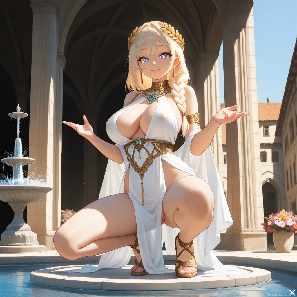 beautiful blonde woman, naked queen, bathhouse interior, intricate ornate architecture, steam and mist, warm lighting, hyper detailed, photorealistic, 8k, high resolution, masterpiece, (best quality:1.2), (realistic:1.37), cinematic composition, dramatic lighting, side angle, sideboob, seductive.