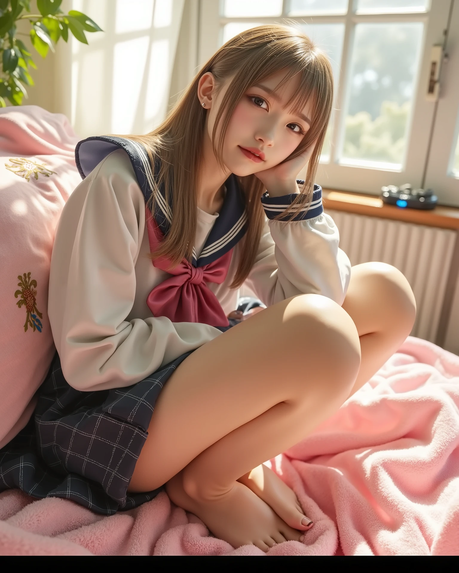bedroom,16 yo,beautiful girl,high school student,long ponytail,curly hair,dark brown hair,wearing , short socks, she is lying on her side and asleep in bed, Best Quality, 32k, photorealistic, ultra-detailed, finely detailed, high resolution, perfect dynamic composition, beautiful detailed eyes, sharp-focus, top view shot