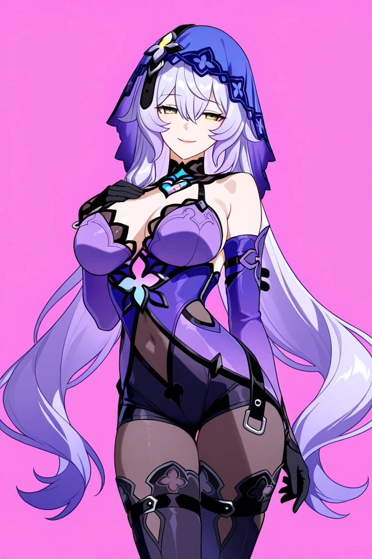 1girl, bright, light purple hair, light blue mesh, twin tails, curled hair, purple eyes, star motif, multicolored hair, saleme, head mask, side lights, light particles, wallpaper, big, plump, idol, swimsuit, loose fluffy, smile, gentle, clear, cheerful