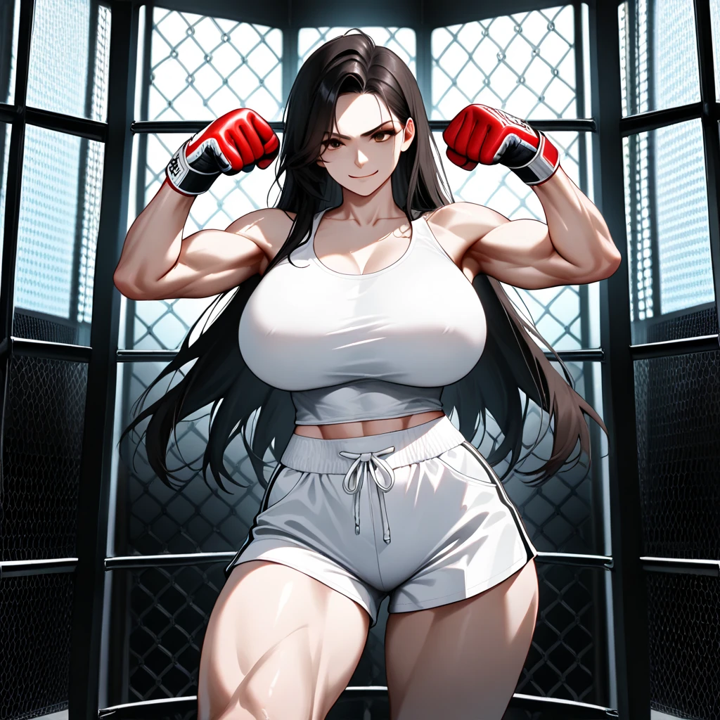 Tifa Lockhart in sexy and tight leggings, with sports clothes in the gym wiping off the sweat, High Resulution, UHD, detailed image. Warrior women cute and strong