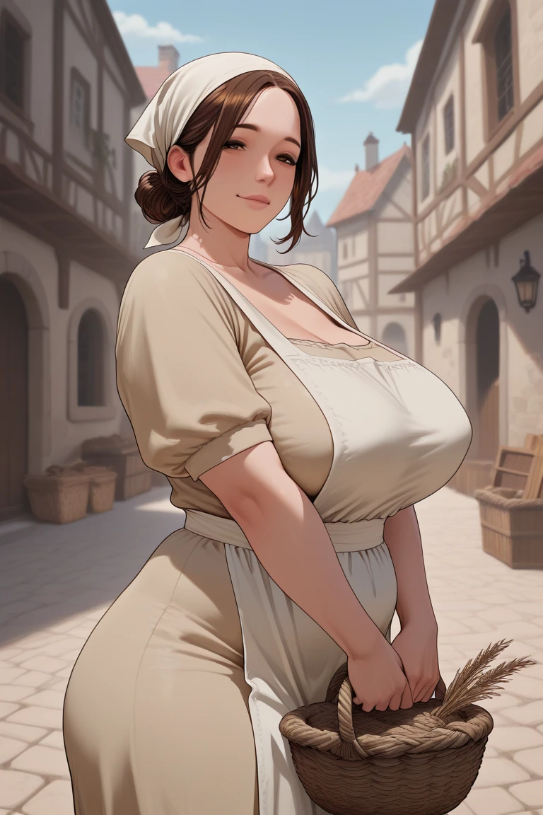(high quality, high resolution, fine details), Practical, mediterranean town, strong sunlight, White Dress, rest (Blue embroidery:1.3), Solitary, Curvy woman, Bright Eyes, (delicate eyes), Smile, blush, Sweat, Oily skin, (((Full breasts,)))(((Large Breasts))) (((Cleavage))),Soft tones, Shallow and deep