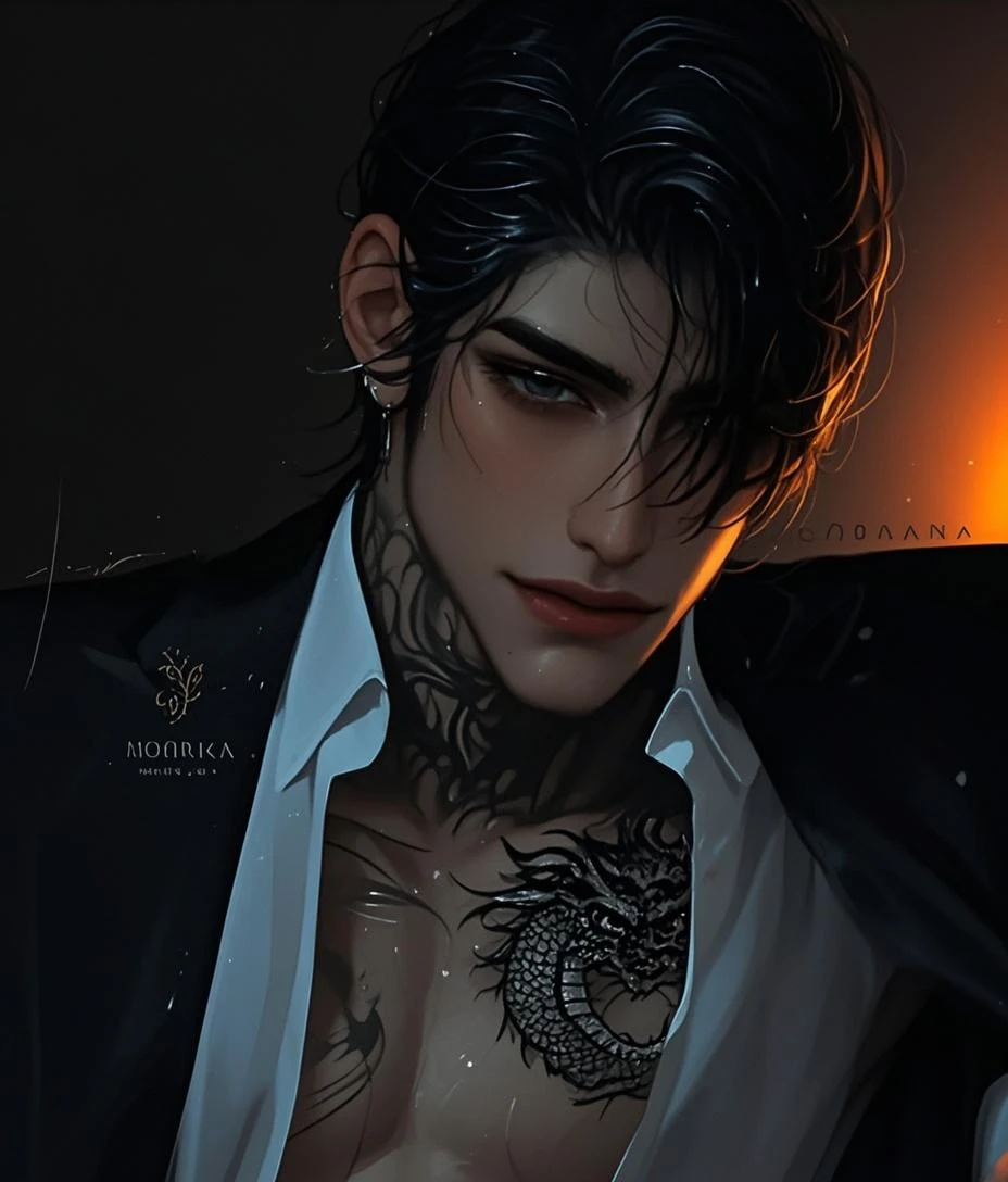 He has black hair cut into a Mullet, piercings in his ears, he smokes and has tattoos on his neck, and a snake tattoo on his arm, blue eyes and well-shaped pink lips, broad shoulders.