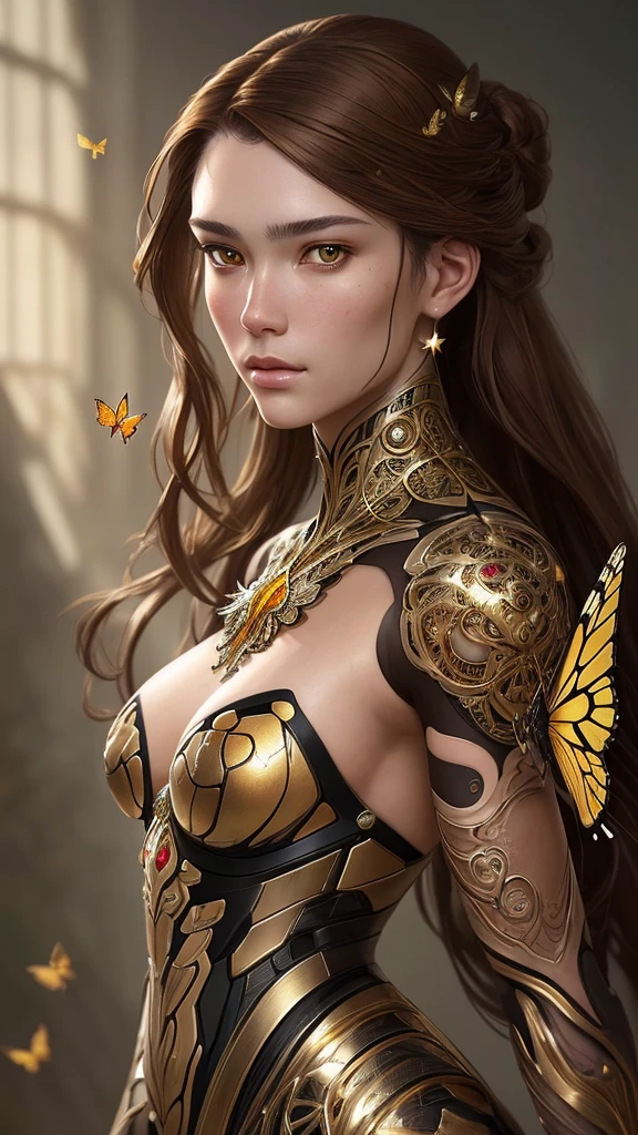 8k portrait of beautiful cyborg with brown hair, intricate, elegant, highly detailed, majestic, digital photography, art by artgerm and ruan jia and greg rutkowski surreal painting gold butterfly filigree, broken glass, (masterpiece, sidelighting, finely detailed beautiful eyes: 1.2), hdr, (detailed background window to a new dimension, plants and flowers:0.7) infinity, infinite symbol,