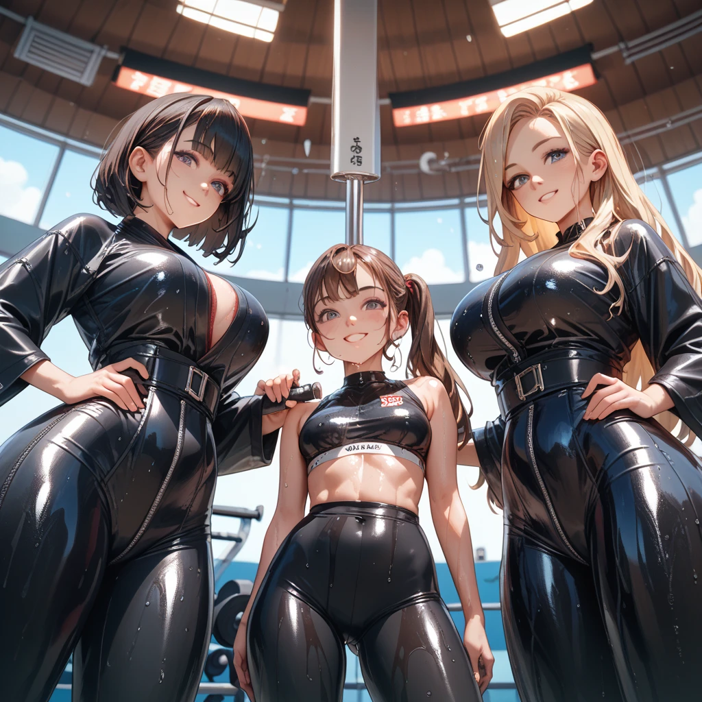 3 busty women are standing in front of the fountain. They are wearing wet sheer t-shirts and hot pants. gigantic breasts, giga_busty