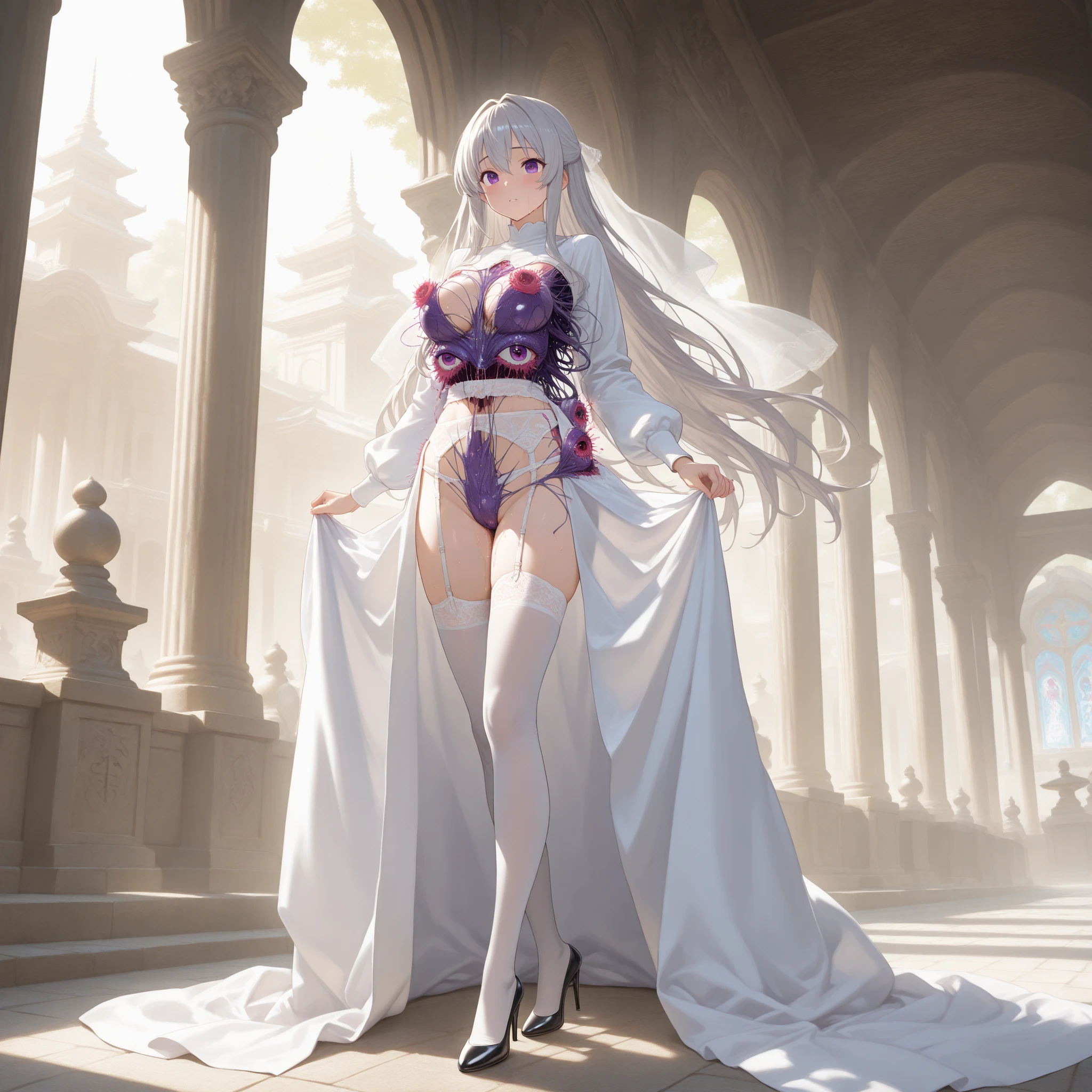 high quality, masterpiece, super detailed, 1 girl, extremely detailed faces,white lace bikini,white cloak,princess crown,Calm expression,White cloth gag,handcuffs,Collar,long black hair, charming pink eyes, fox ears, castle,garden,waterside,