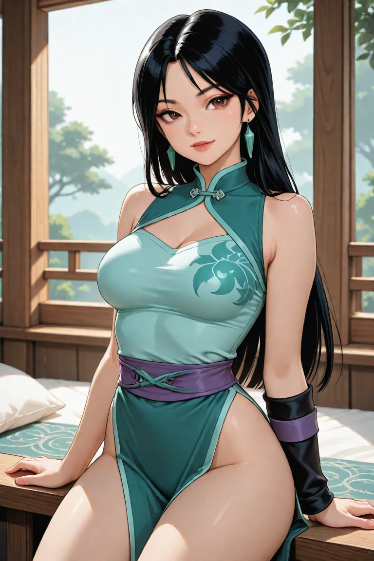 (Hyperrealistic), (illustration), (high resolution), (8K), (Extremely detailed), (Best Illustration), (Beautiful detailed eyes), (Best quality), (Ultra-detailed), (Masterpiece), (the wallpaper), (Photorealistic), (Natural light), (rim lit), (Detailed face), (Highly detailed realistic skin textures), (Anatomically correct), (Solo), (1 girl), (high detailed realistic hair), (Blue hair:1.2), spiked hair, (Heterochromic eyes), (detailed green eyes), (Small moles under the eyes), (Realistic big breasts:1.5), (Exposed breasts:1.3), (Long legs), (Slender abs), (Dynamic pose), (Closed mouth:1.3), (traditional Hanfu attire), (Sheer clothes:1.5), NSFW,nakeness