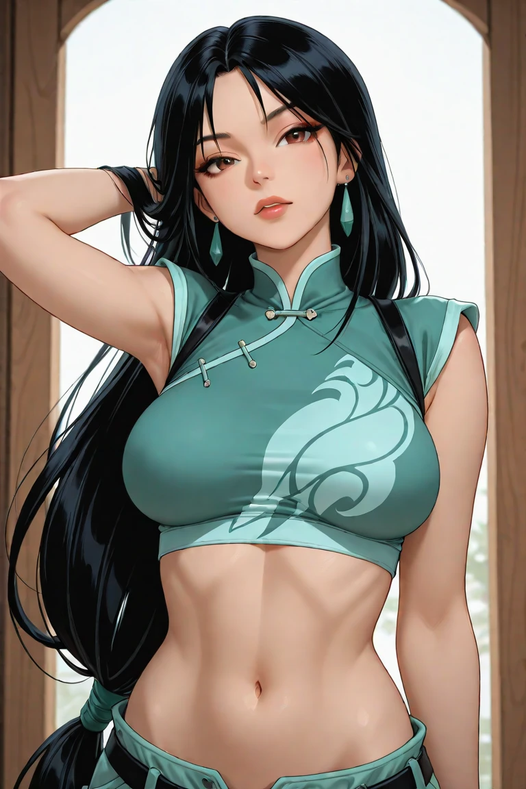 valorant, ((Sage)), game character, beautiful,  ((black and white outfit)), (((perfect saree))), big size breasts, cleavage, black long hair, ponni style hair,