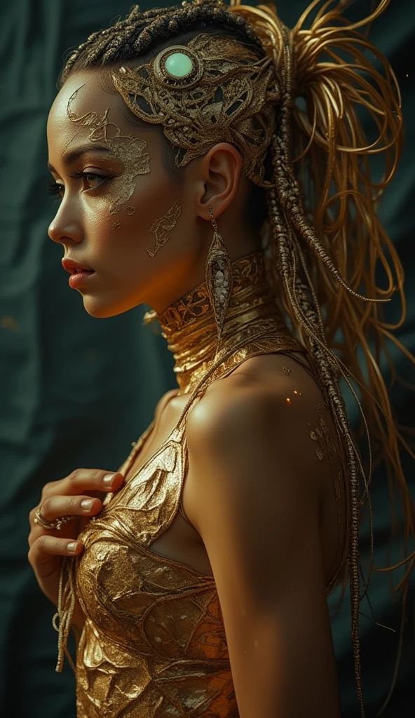 lips, flower, pointy ears, gem, alien, upper body, 1girl, detail portrait, necklace, brown eyes