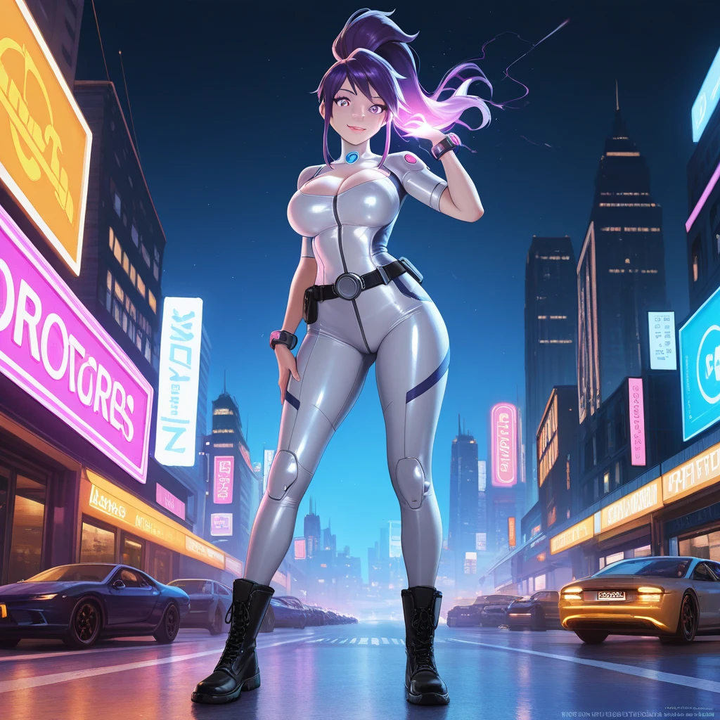 (ULZZANG), (HUGE FAKE BOOBS:1.2), (STREET CITY NIGHT), (FUTURISTIC MECHA CROP TOP:1), (CLEAVAGE), (SKINTIGHT YOGA PANTS:1), (HIGH HEELS), (PERFECT BODY:1.2), (FULL BODY:1.2), (LOOKING AT VIEWER), (STANDING:1.3), SEXY BODY, (MUSCLE ABS:1), UHD, 8K, 1080P.