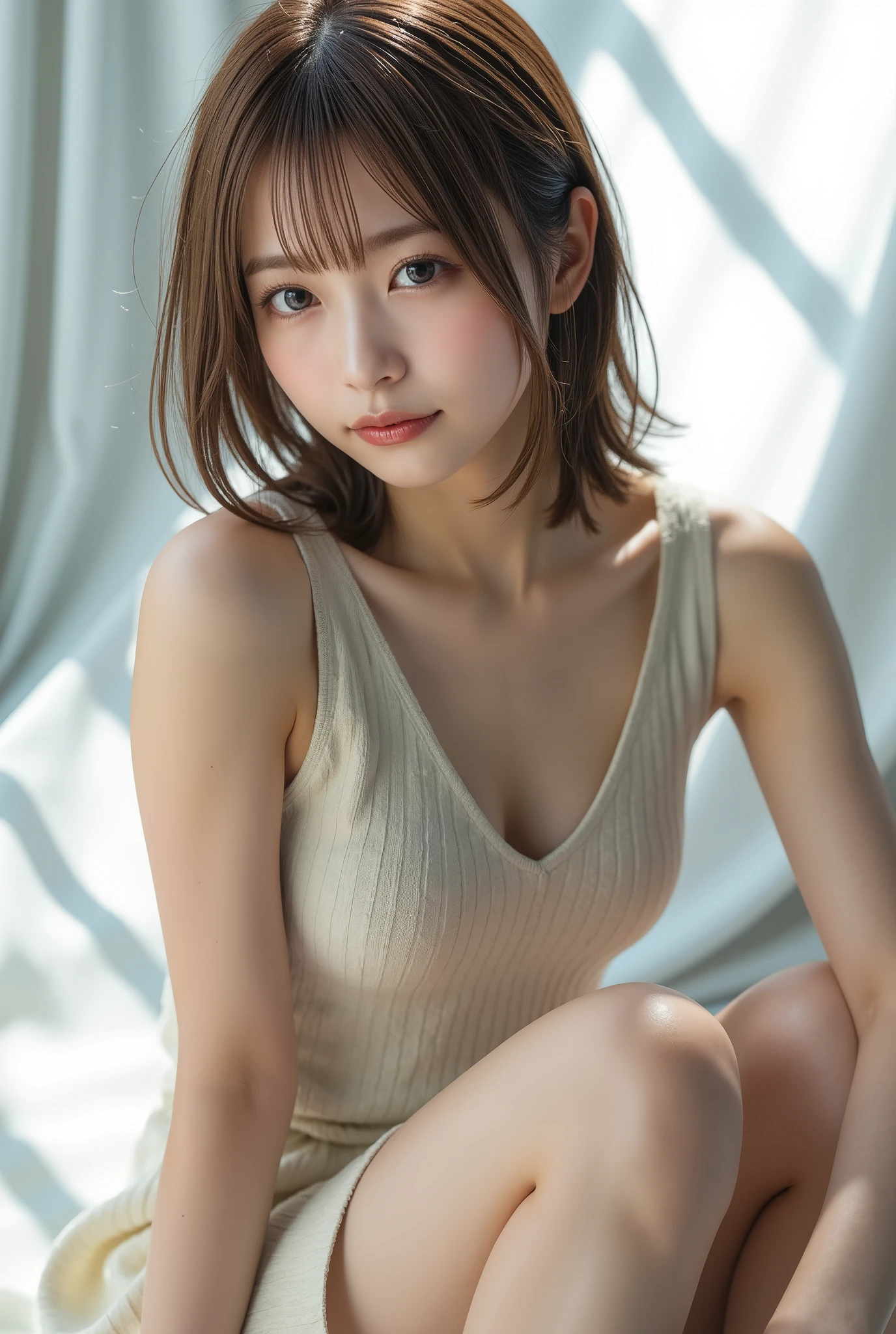 ((whole body from thighs:1.5)), ((Photorealism)),
((highest quality, 8k, masterpiece: 1.3)), Perfect body beauty: 1.4, (Breast A cup:1.2), Small breasts, Round shaped breasts, Perfectly shaped breasts, Highly detailed face, Beautiful woman, (Dark brown shortcuts), Slim face, Highly detailed face and skin texture, Highly detailed lips, Spread your legs, highest quality, masterpiece, 超A high resolution, (Realistic:1.4),
((18-year-old, Beautiful female college student)),
((Trendy knit dress:1.5)),
((Cute Earrings, Silver Necklace)),
((Factory Piping, Dirty walls, Dimly lit room at night:1.7)),
((Sitting on the floor, I can see your beautiful thighs:1.5)),
((Sexy atmosphere, Gaze seducing a man, hold out your lips, A sigh escapes:1.2)),
((Lift your face a little)),
((Squint your eyes)),
((purse your lips:1.2)),
((Blushing:1.2)),
((Open your mouth a little to show your white teeth)),
((Body facing forward)),
((The cleavage is fluffy, Beautiful breasts)),
Narrow shoulders, Beautiful clavicle, Long, slender legs,
The beauty of slim abs, Thin waist,
Ultra-detailed skin, Glossy Skin, Ultra detailed face,
Ultra-detailed eyes, Slit eyes, Brown eyes, double eyelid, Beautiful thin eyebrows, Thin, long eyelashes,
Ultra-detailed lips, Fuller lips, Glossy pink lips, Flushed Cheeks, White teeth,
Beautiful actress's languid make-up, Pink lipstick, Smoky eyeshadow, Eye foundation,
Dark brown hair, Delicate and soft hair, Hair blowing in the wind,
(Elegantly putting your hair up, short hair, ponytail:1.5), Layered Cut, (Blunt bangs:1.2),
