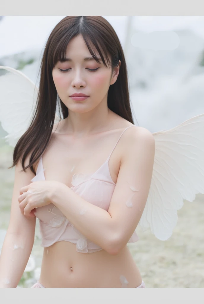 Fairiy with a Japanese face,at summit of Alps,1girl, ((best quality)), ((masterpiece)), (detailed), realistic, photo, ethereal beauty,cute,(black hair:1.2), (black eyes:1.2),Light colored dress,(transparent fairy wings:1.2), exquisite and beautiful face, exquisite collarbone, seductive and delicate collarbone, charming fragrant shoulders, shoulders slightly exposed,peach Red lips,(smile:1.2),beautiful tit,belly button,(pale snow white skin:1.0), (pale milky white porcelain skin:1.0), (smooth translucent white skin:1.6)