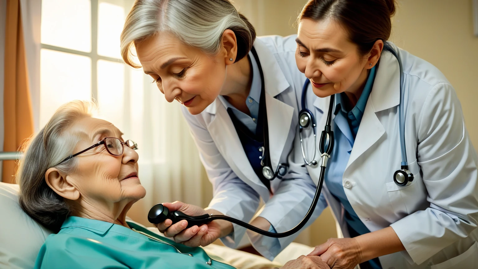 Create an image for a product that is designed to treat hypertension. Show a happy and healthy middle-aged or older person engaged in physical activity, such as a walk in the park or yoga. Use a calm colour scheme (blue, green, white). Add medical context (stethoscope, cardiogram) and scientific elements (molecular structures, blood pressure graph). Include a short text block with the main benefits of the product: "Reliable treatment of hypertension", "Provides stable blood pressure", "Improves quality of life". The image should evoke a sense of hope and confidence in the consumer, emphasising the reliability and professionalism of the product.