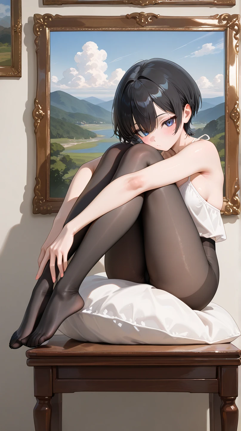 nffsw ,tre anatomically correct,4K,top-quality, Top resolution, animesque, From below, ((((Straddling)))), (POV), 1 little girl, (((Lori))), ((((Small body)))), (Gamine), ((10 years old)),Full body, Black short hair, (((camisole))),flat chest, erectile nipple , ((blush)), (((agitation))), (Squatting), (Open legs), (White panty), (Cameltoe), ((((Sweat))))