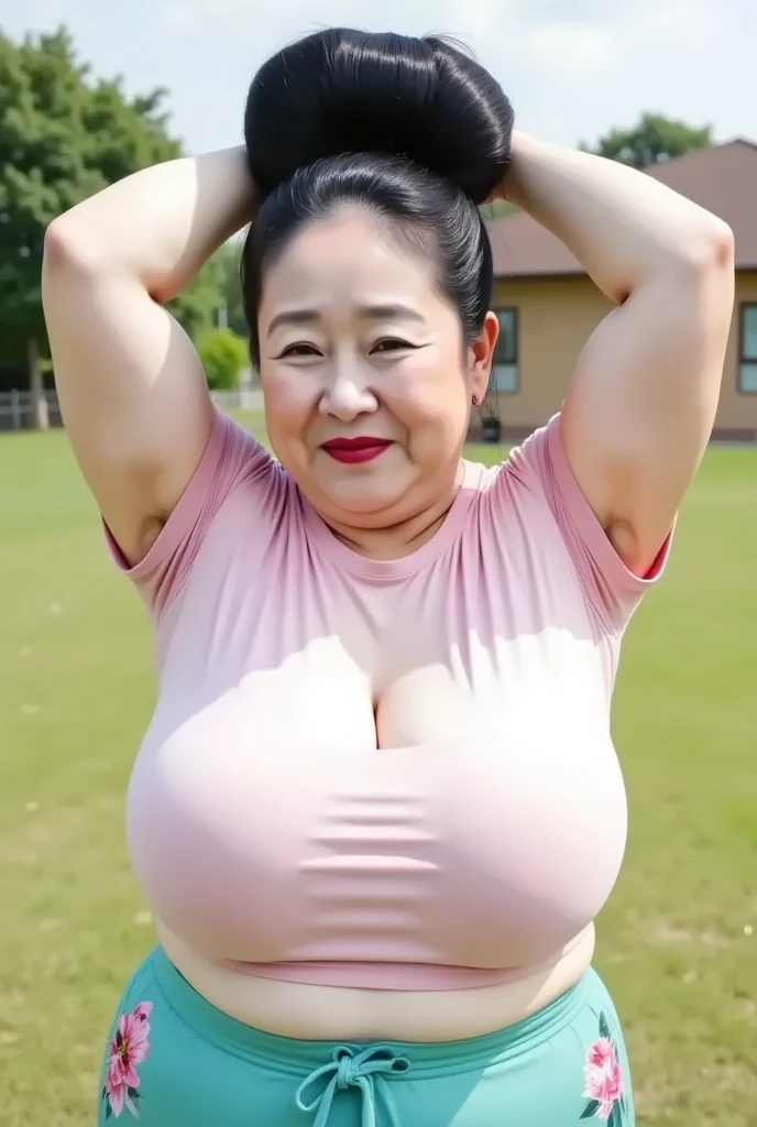 4k, 1 mature bbw, japanese, 45 years old, nsfw, topless, looking at viewer, shoot from front, full body, standing, hand waving for viewer, Obese, Plump, bombshell, Enormous Breasts, Sagging breasts, gigantic breasts, puffy nipple, miky dark areola, large areola, Pubic hair, Overweight Body, Bulky legs, Wide waist, Flabby, Postpartum, geisha hair, japanese yamanba make up, shibuya gangro gal, pink japanese fundoshi, high heels, breast milk is dripping out her nipple, Pubic hair slip out from fundoshi, audience crowd, in sumo fashion show