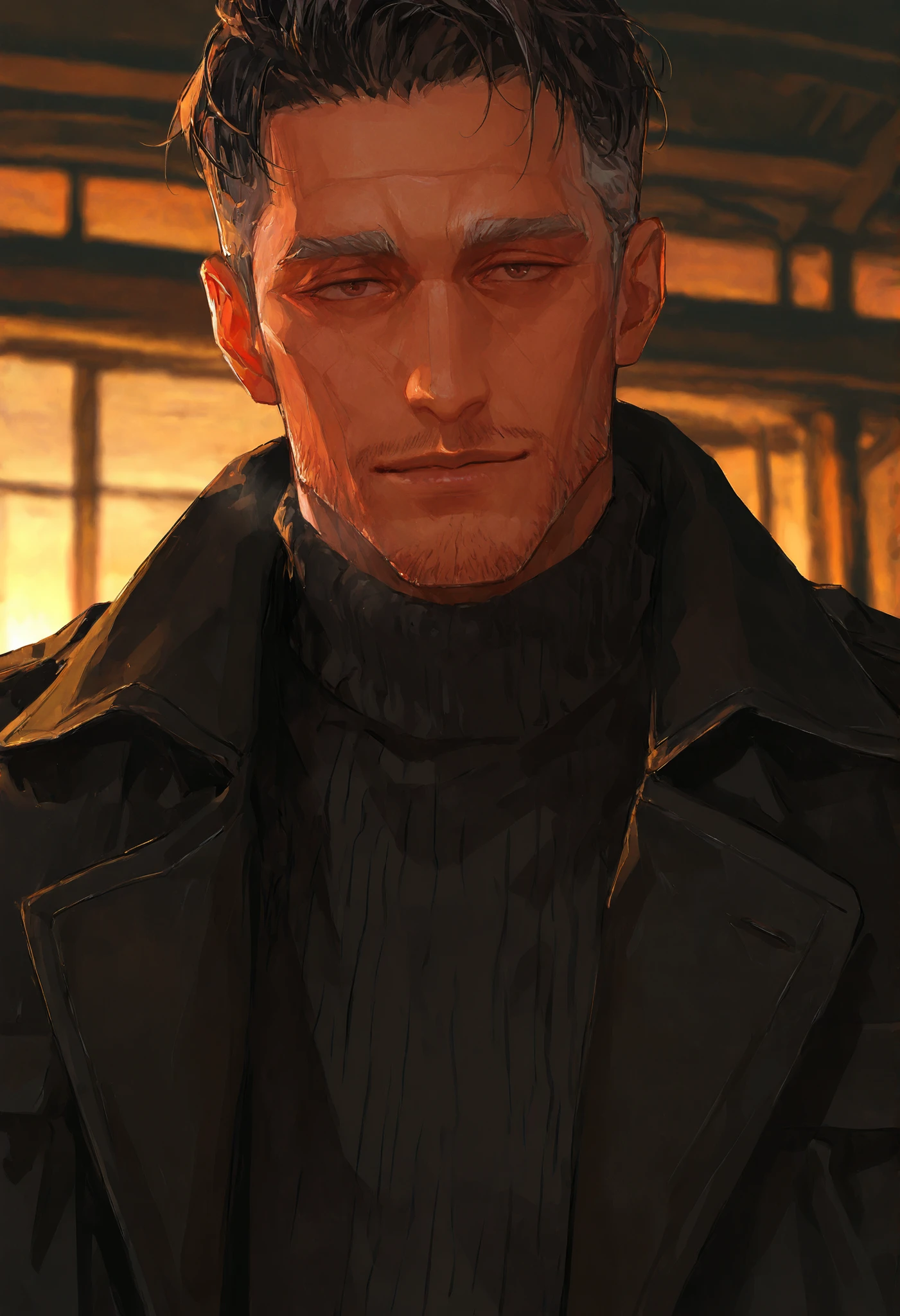 looking at viewer,dark skin man, mature, old, old man, solo, male,handsome,modern. weaing black turtleneck sweater with black coat,winter.very short dark hair, male hair. Face: High cheekbones. Deep brown eyes. A straight nose with a high bridge, full lips, (stubble). Skin: Smooth chocolate brown skin. Background: sunset scene, warm dim light. Dynamic lighting, dynamic shadow.