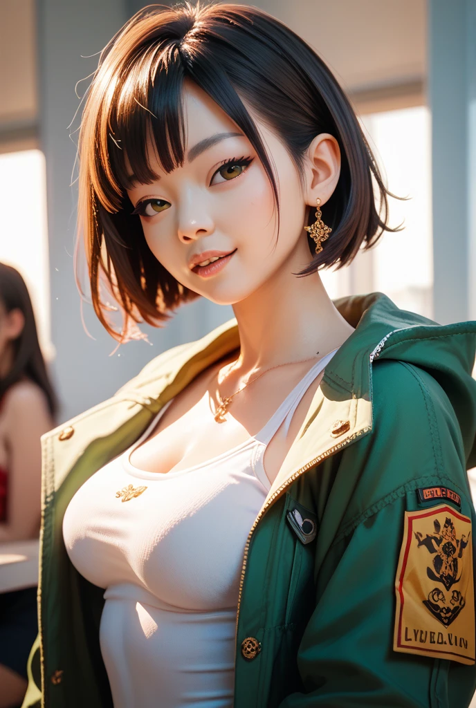 ((1 open-faced girl),(Full Height, very cute)).((Young and pretty black girl, Black Hair), (green:1.5, orange:1.1, white:1.3, yellow: 1,3), (Very sexy female rapper with dreadlocks), (Tattoo), (Naked parts of the body), (Down jacket: 1,2), (Jacket on a naked body, String, Short T-shirt)). ((skull, Flowers, fruit),(fractal, cherry blossoms, green leaves, fog, Circle background)).((Ideally, beautiful), (Beautiful background as in the pictures, wide strokes, Attention to detail on the girl's face, shape, Flowers) ). ((Backgrounds are intricate and highly detailed octane renderings trending on Art Station), (8K Fine Art Photography, Photorealistic concept art), (Perfect cinematic light with soft, natural volume, Chiaroscuro, Award-winning photography), (masterpiece)).
