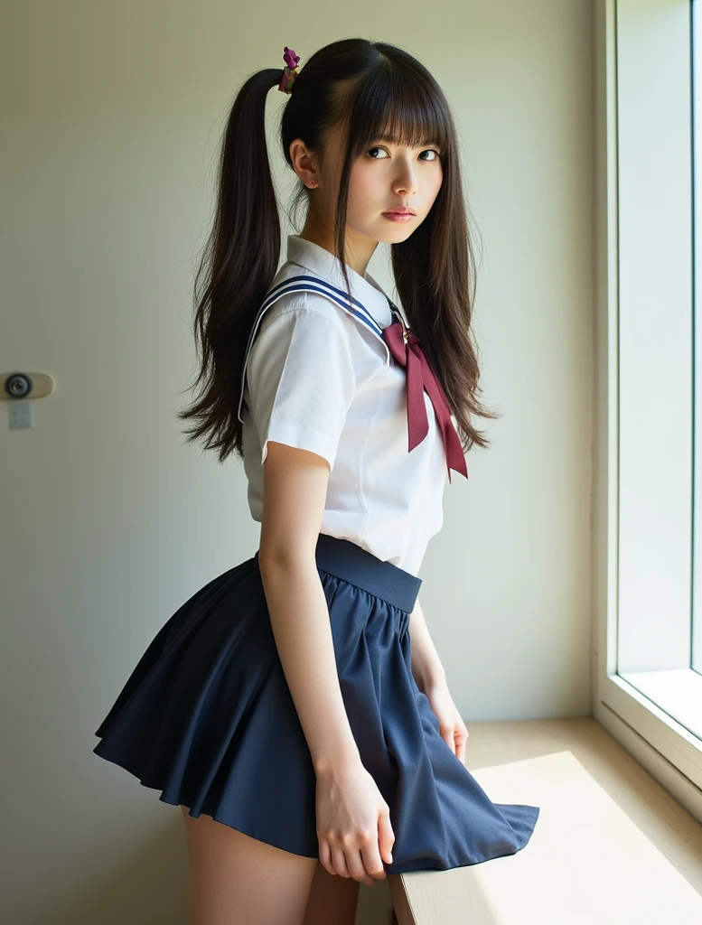 Beautiful Japanese high school girl, uniform, cute, wide eyes, double eyelids, visible fangs, long hair, squatting on the floor with legs apart, white floral panties visible from under her skirt