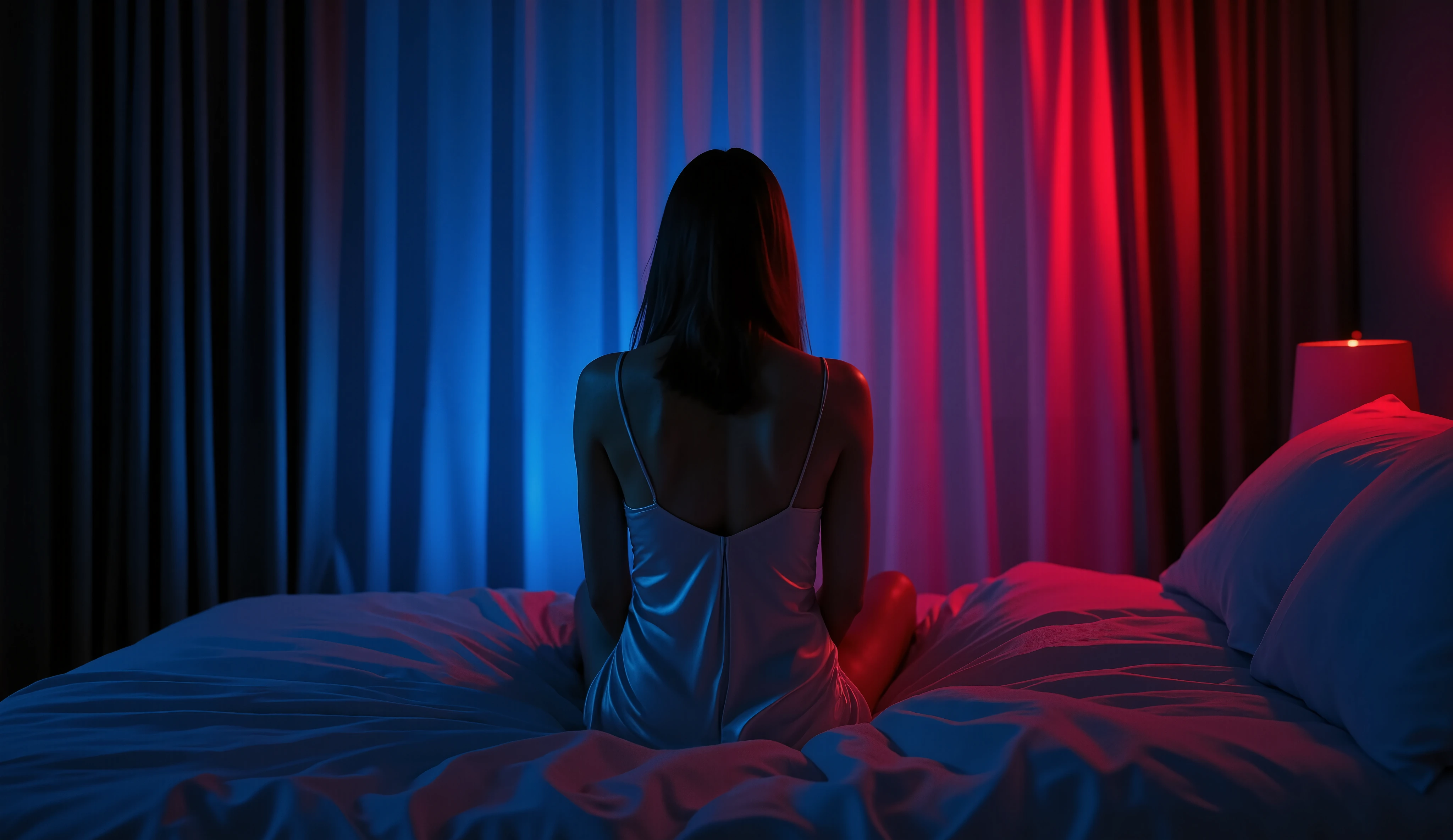 A cinematic, sensual digital painting of a woman sitting on a bed in a dark room, illuminated only by strong contrasting neon lights—deep blue on one side and intense red on the other. The woman is shown from behind in a backlit silhouette, wearing a silky slip dress that reflects the ambient light subtly. The room features long curtains and soft bedding textures, creating a moody, intimate atmosphere. The lighting casts a dramatic shadow play across her body, emphasizing her elegant pose and the sensual tension of the moment. 16:9 aspect ratio.