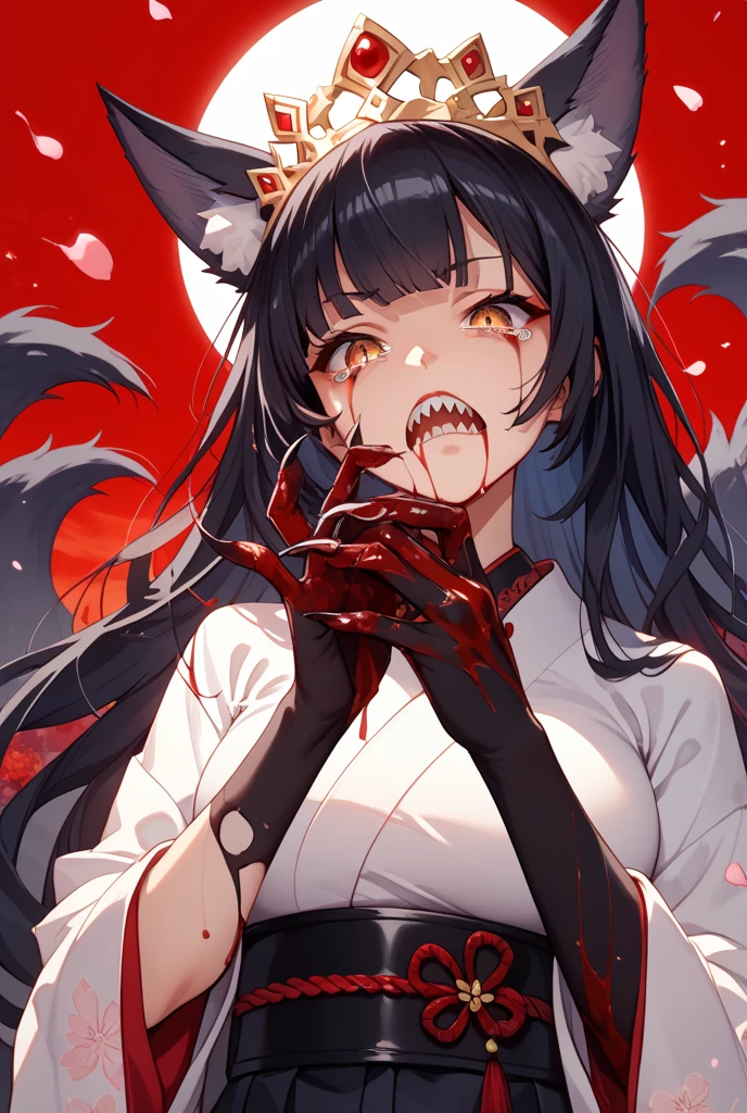 best quality masterpiece, AkagiV5, 1girl, solo, black hair, black kimono, brown tail, partially fingerless gloves, japanese clothes, kimono, long hair, looking at viewer, ((red eyes)), smile, glowing eyes, hands on own face, spider lily, sakuramon, ((blood swirl)), (yandere:1.4), (glowing eyes:1.4), crazy eyes, <lora:AkagiV5-10:1>