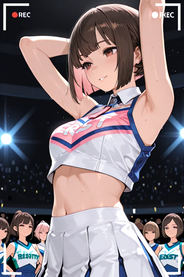 (Perfect body),highest quality,16k,(Browsing Caution)、Anime Screen Capture、((blush)),(Bobcut), (((Brown eyes.Forehead))),Thick and tight,((Brown Hair、Split bangs)),Sweat,(((Hands behind head、Both armpits))),(((Jumping))),Valletta,(((White bodysuit))),(((Pink ruffled mini skirt))),(((Light blue striped panties))),(White knee socks),(White gloves),The wind blows up my skirt、Big Ass,Huge breasts、blush、Looking at the audience,((:d)),(((Put the headset on your head))),(surprise),On stage、((Idol)),((1 girl)),((Pink bow tie)))