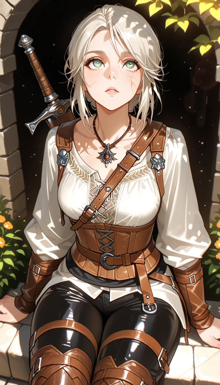 SFW (masterpiece, best quality, 32k) a youthful age girl with short blonde hair ((bangs, diagonal bangs, straight bangs, blunt bangs, long bangs, bob, inverted bob, stylish bob)), ((pink-brown eyes, silver-pink eyes, pink eyes, brown eyes)), ((eyeliner, dark eyeliner, eyeshadow, dark eyeshadow, makeup)), ((beautiful face, sultry face, impish face, delicate features, sexy face)), ((pale skin, smooth skin, perfect skin)), walking, standing, relaxed, forest, trees, grass, outdoors, sky, clouds. ((Cute outfit, stylish outfit, medieval outfit, fantasy outfit, tactical outfit:1.3)), ((white blouse, capelet, harness, framed breastiniskirt, tight skirt, taut skirt, bike shorts under skirt)), ((waist belt pouch:1.5; tactical pouch:1.5)), ((huge breasts:1.3, round breasts:1.3, perky breasts:1.3)), ((slim:1.3, lithe:1.3, slender:1.3, thin:1.3, busty:1.2, buxom:1.2)), ((round hips, thin waist, waspish waist)), ((long legs, slender legs)), small smile ((full lips)), serene expression, calm expression, relaxed expression, open eyes, large eyes, expressive eyes, head to waist portrait, cinematics, color oil painting, cinematic lighting, ((extremely detailed face)), ((finely detailed face)), ((Extremely detailed eyes)), ((finely detailed eyes)), ((beautiful face)), ((beautiful eyes)), perfect lighting, depth of field, (realistic proportions), (good anatomy), ((solo:1.6)), ((1girl:1.6))